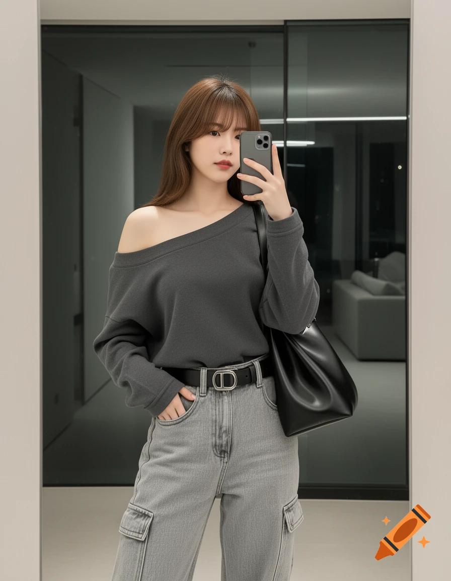 A Korean girl with brown hair takes a mirror selfie, wearing a dark grey off-shoulder top, light grey cargo jeans, a black belt with a silver D buckle, and carrying a black handbag.