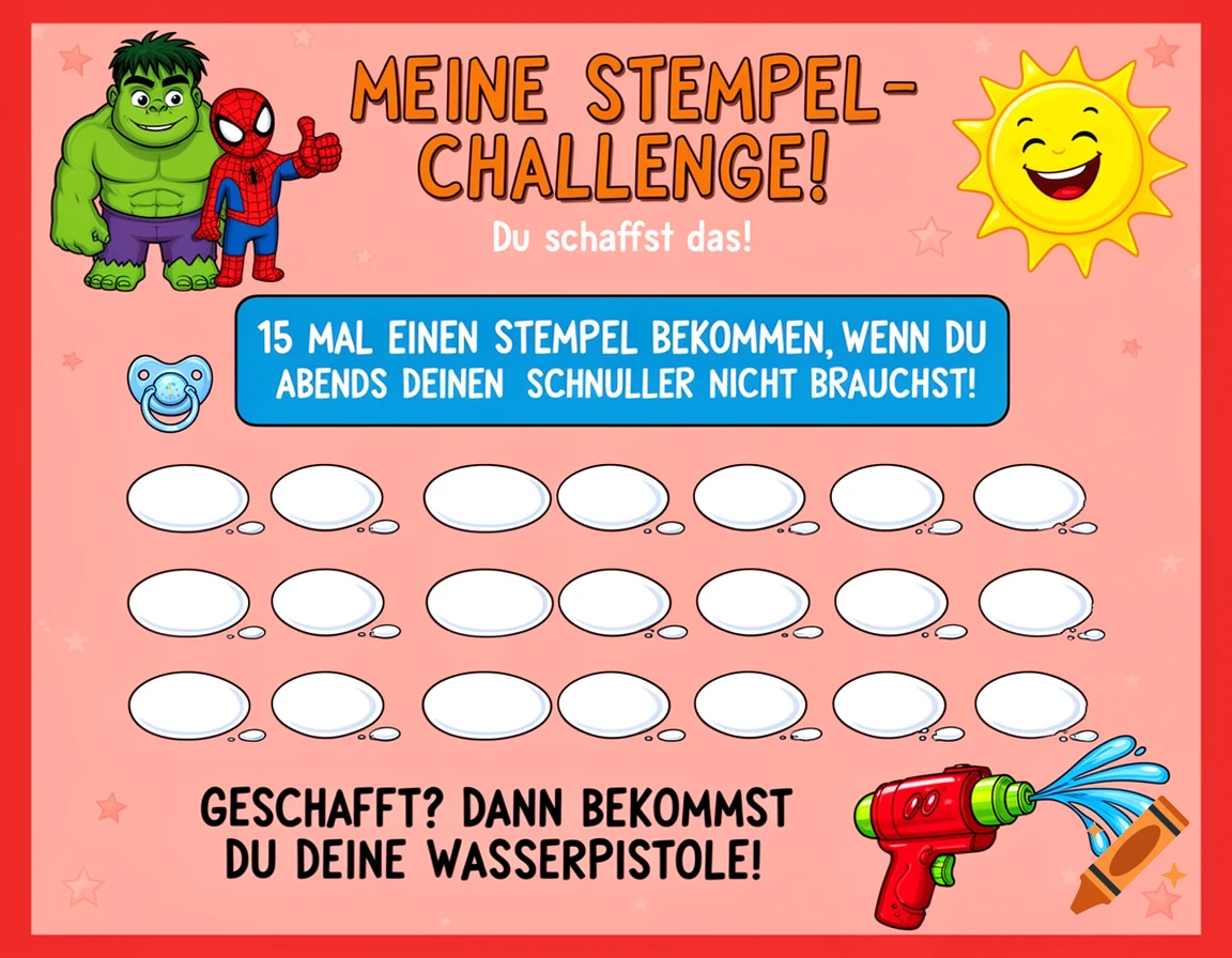 A colorful, cartoon-style children's reward chart featuring Hulk and Spiderman, a smiling sun, and spaces for stamps to earn a water pistol.