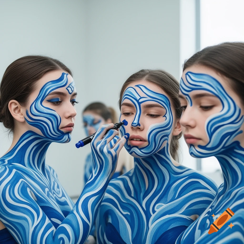 Three women with intricate blue and white wavy body paint, one applying paint with a marker to another's face.