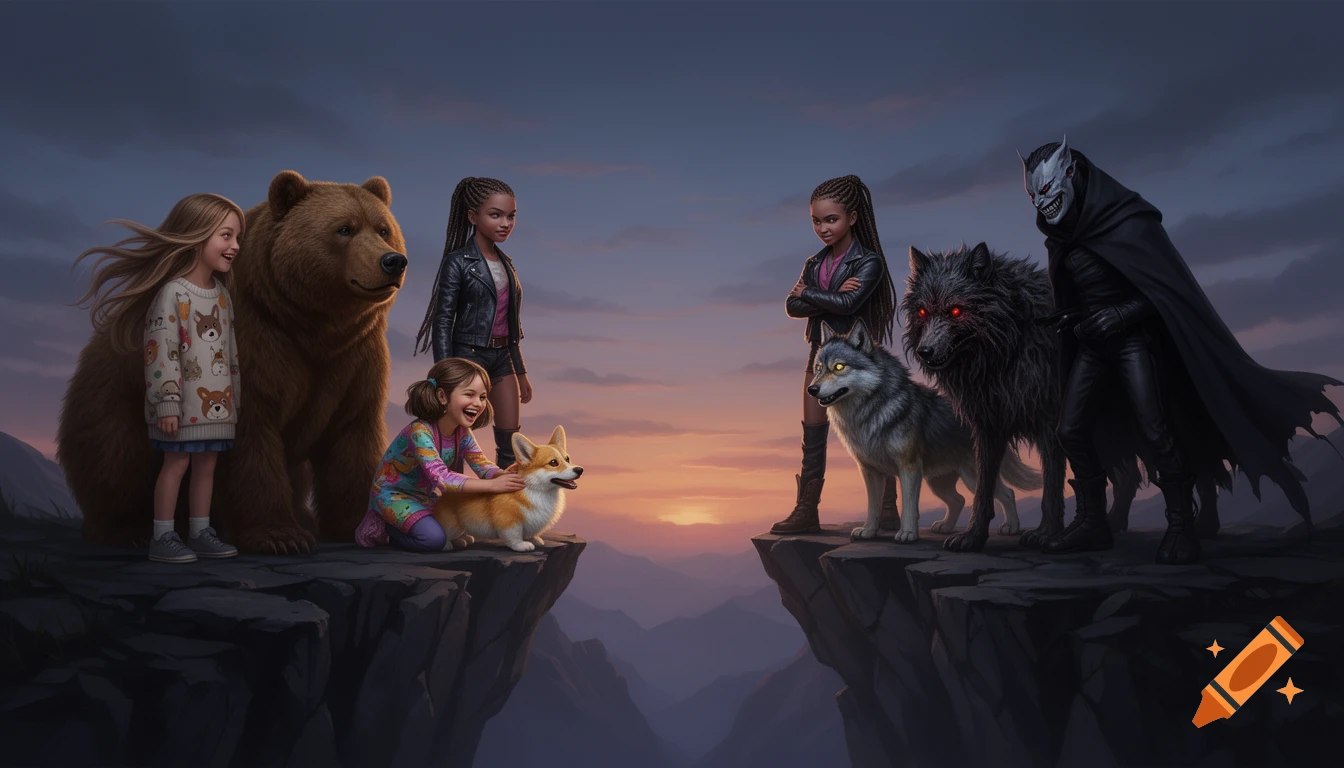 Two groups of girls with their animal companions face an evil man and wolf across a chasm at sunset in a digital illustration.
