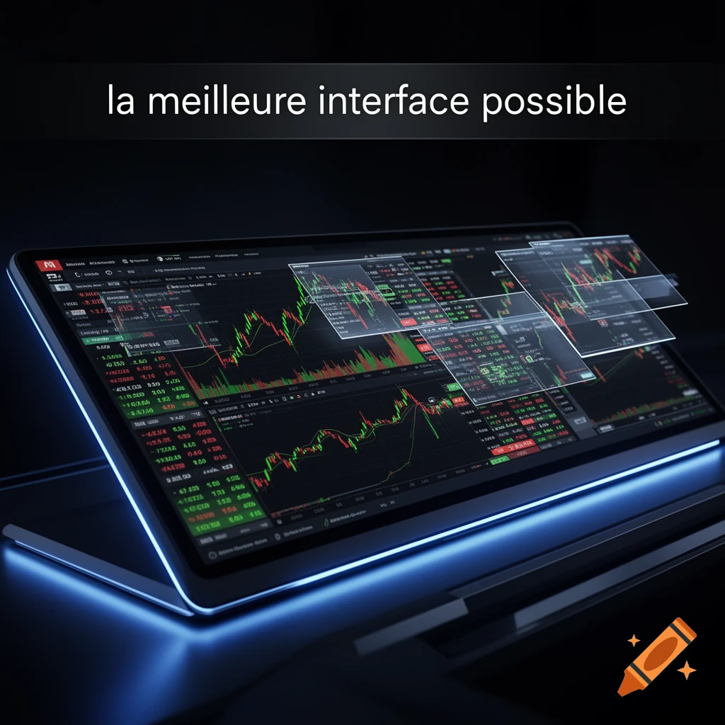 A futuristic digital trading interface with financial charts and data, displayed on a sleek, glowing screen against a dark background, with text 'la meilleure interface possible' at the top.