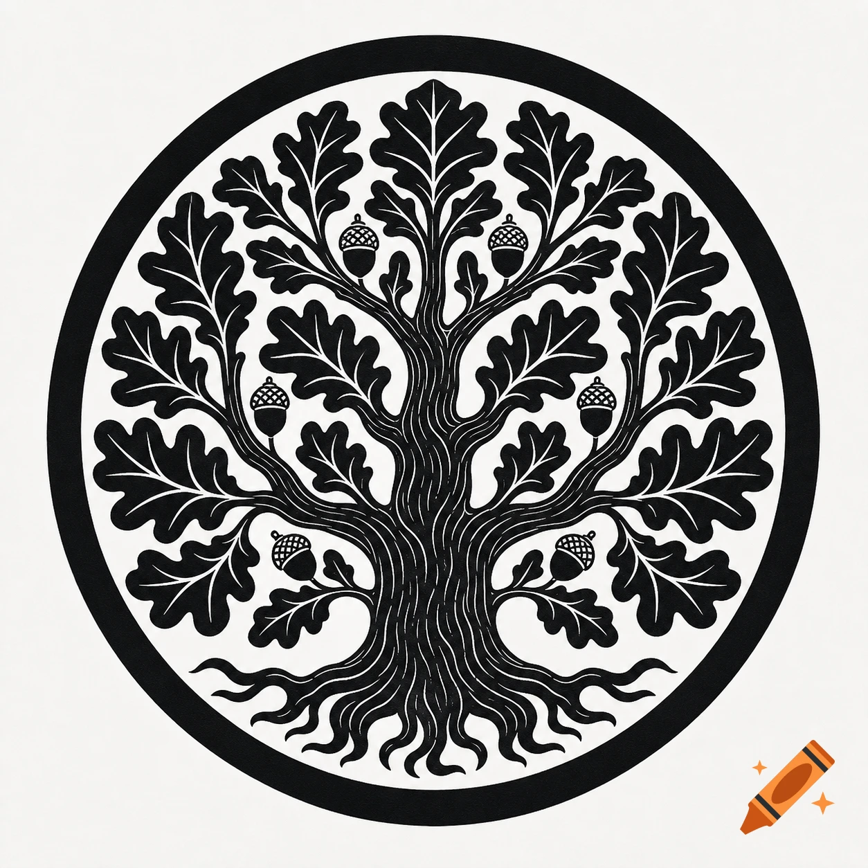Stylized black and white oak tree with acorns and roots in a circular kamon design.