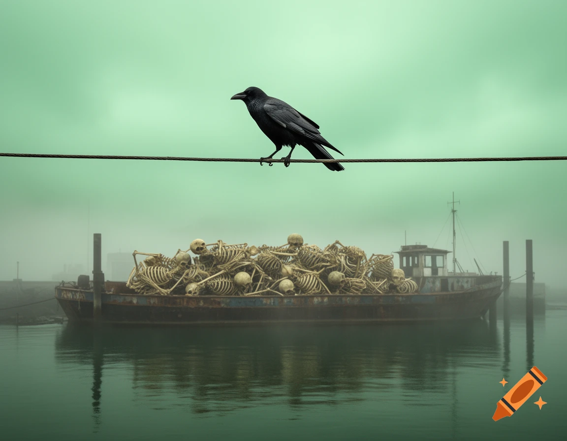 A black crow perches on a power line above a foggy harbor, where a boat laden with skeletons floats under a pale green sky.