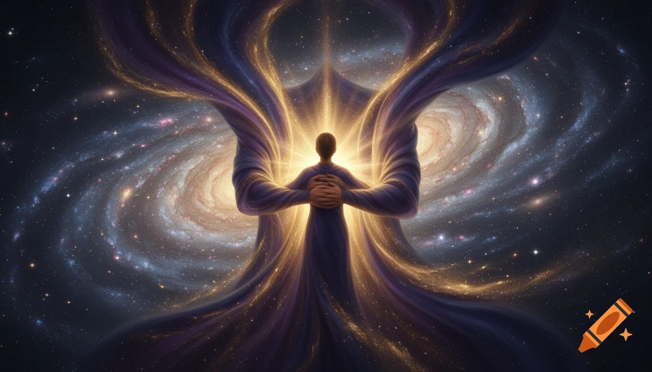 A silhouetted figure stands at the center of a swirling galaxy, embraced by glowing cosmic arms of purple and gold.