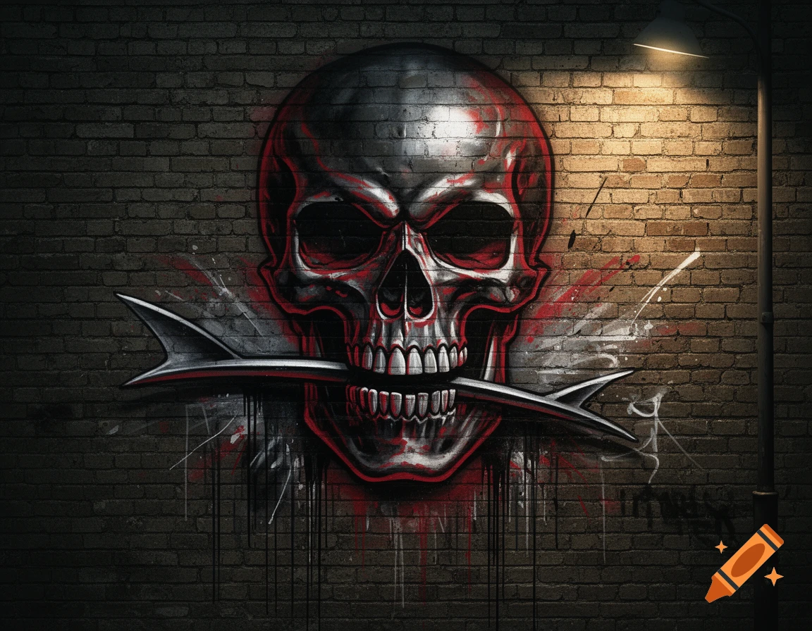 Graffiti art of a metallic skull with glowing red eyes and a dark, sharp object held in its teeth, splattered on a brick wall under a street light.