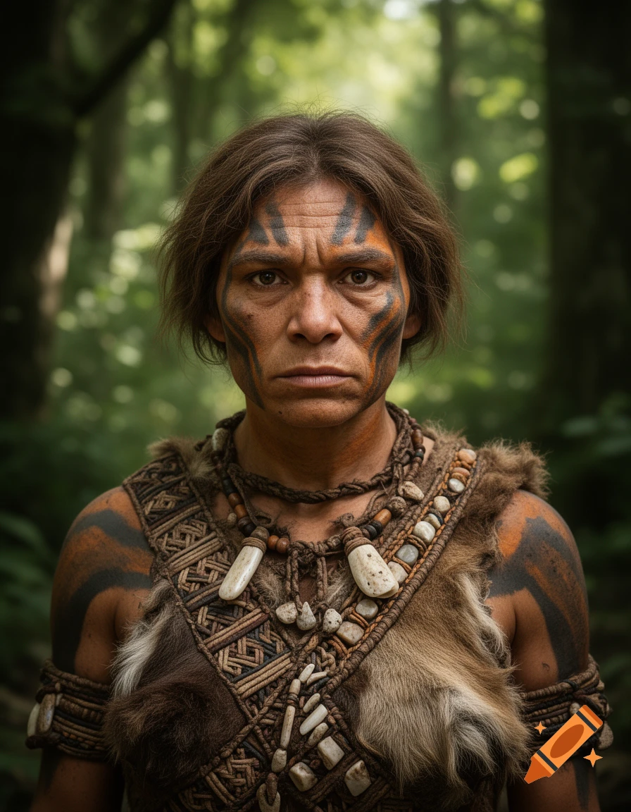 Photorealistic portrait of a person with dark hair, orange and black face paint, and tribal fur and rope clothing, looking intently in a forest.