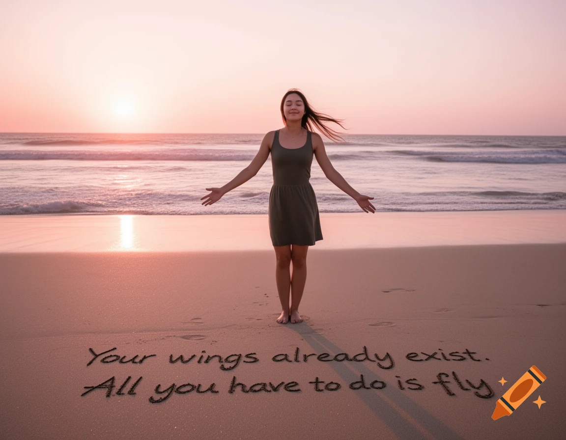 A woman stands barefoot on a sandy beach at sunset with her arms outstretched, facing the ocean. Inspirational text is written in the sand.