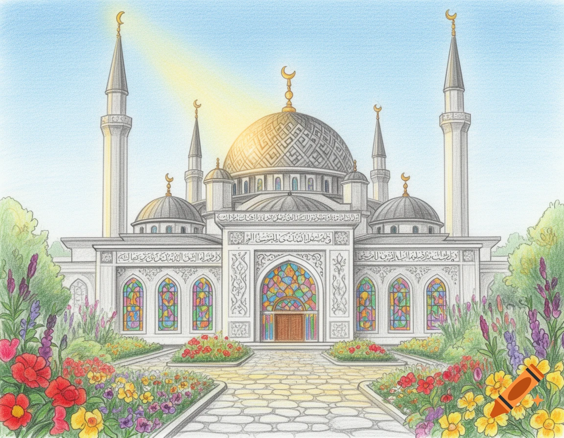 Detailed drawing of a mosque with minarets, domes, stained glass windows, and colorful flower gardens under a sunny sky.
