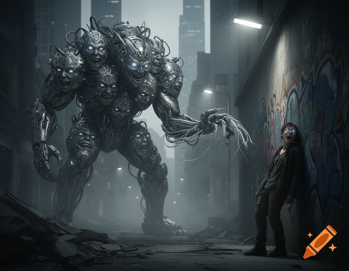 A gigantic, multi-faced cybernetic monster reaches out to a screaming person cowering against a graffiti-covered wall in a dark, ruined city alley.