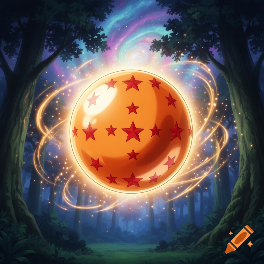 A glowing orange Dragon Ball with multiple red stars floats amidst a magical forest under a vibrant, starry, purple and blue sky, in an anime style.