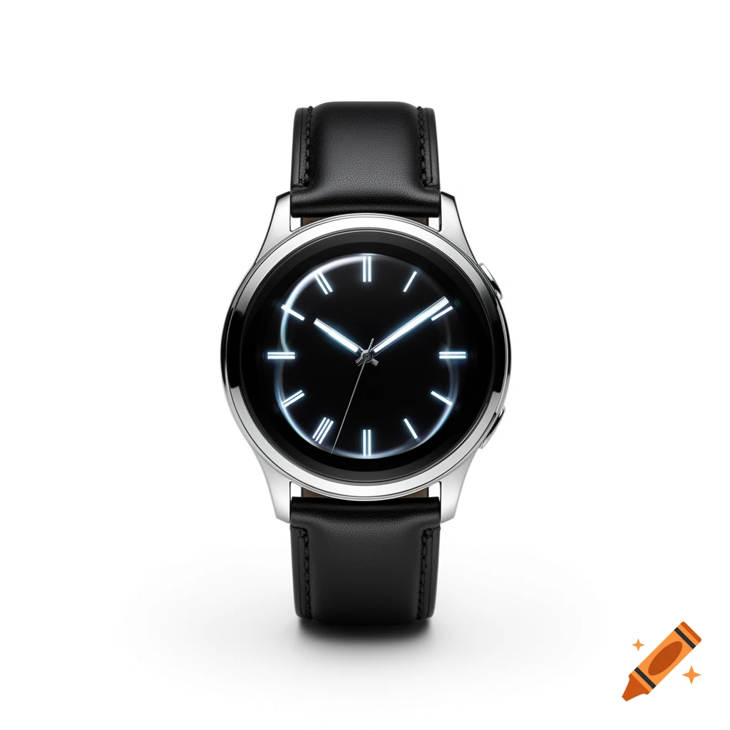 Elegant silver smartwatch with a black face, glowing white hands, and a black leather strap on a white background.