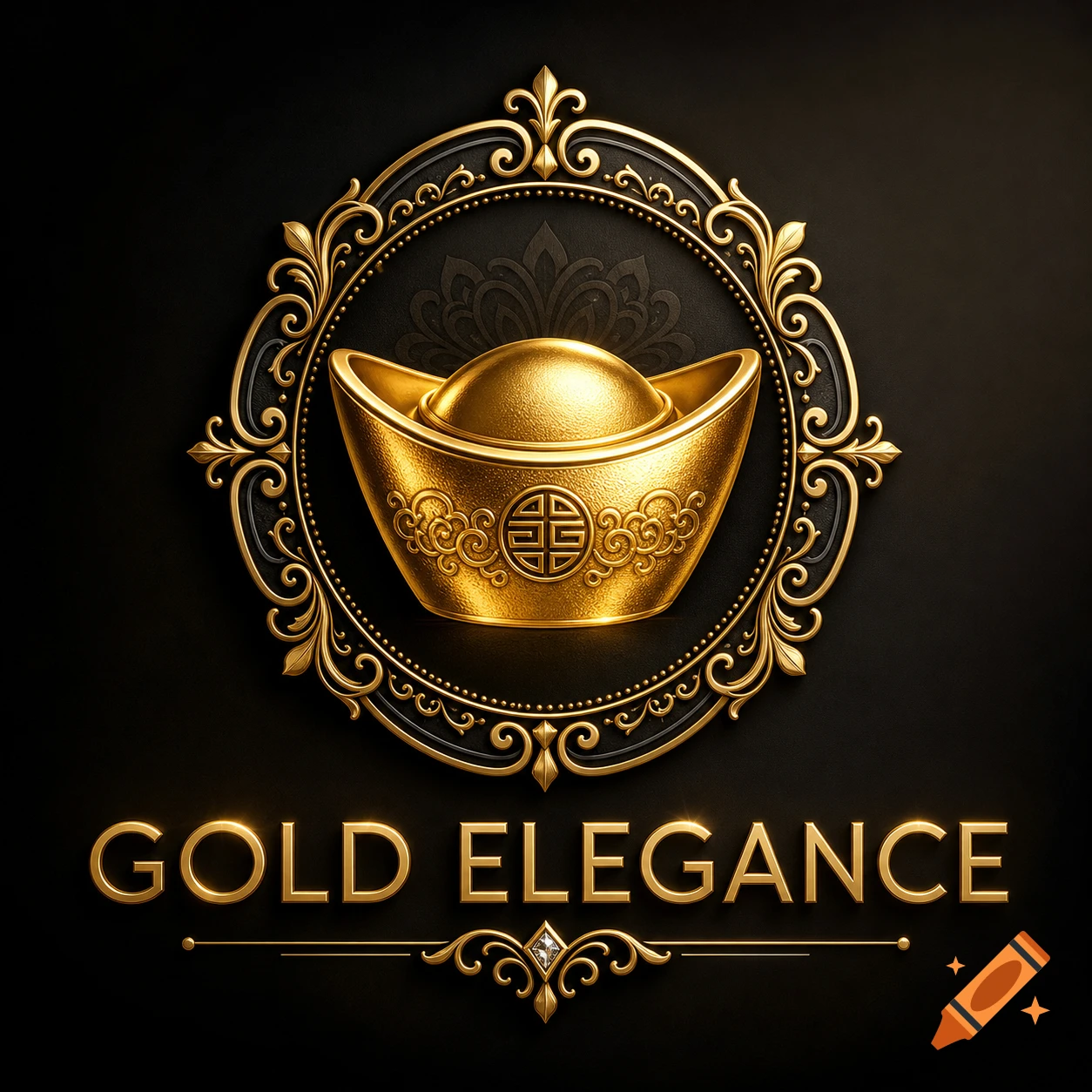 A shiny gold ingot centered in a black and gold ornate circular frame, with 'GOLD ELEGANCE' text below on a dark background.