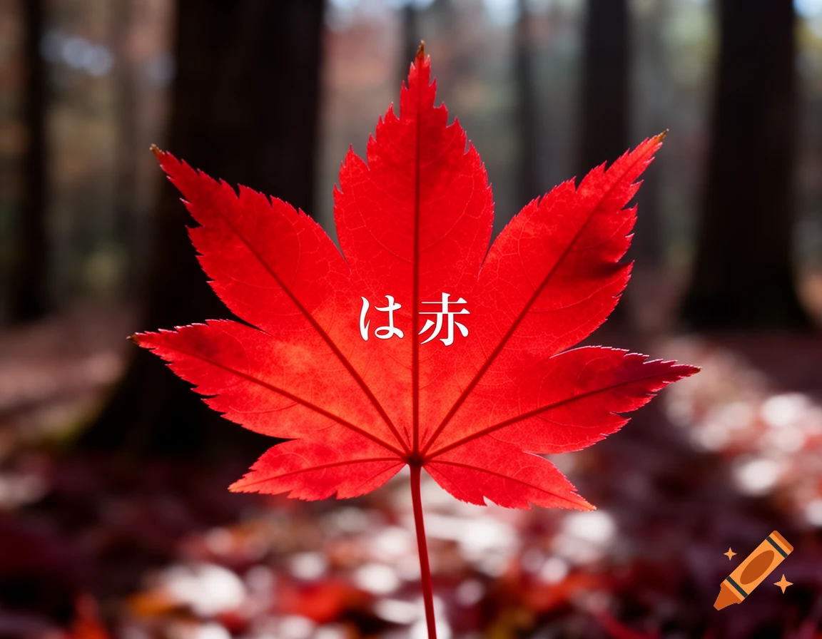A single vibrant red maple leaf with Japanese text " は赤 " on it, backlit against a blurred autumn forest background.