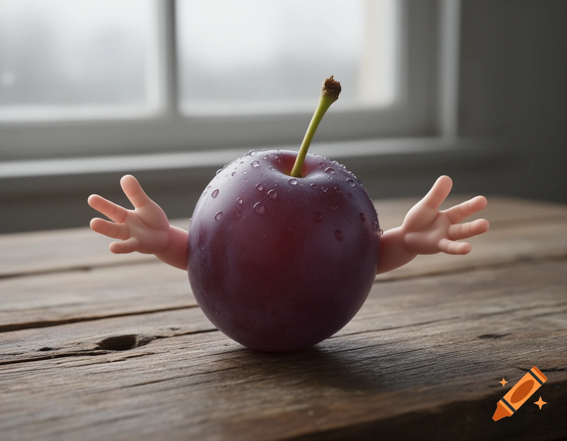 A dark red plum covered in water droplets with tiny human baby hands sticking out of its sides, resting on a rustic wooden table by a window.