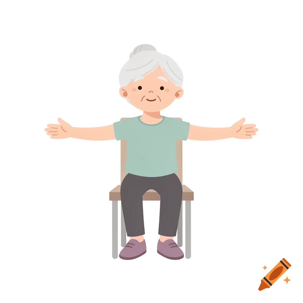 Minimalist flat vector illustration of an elderly woman sitting on a chair, arms wide open, doing gymnastics exercise.