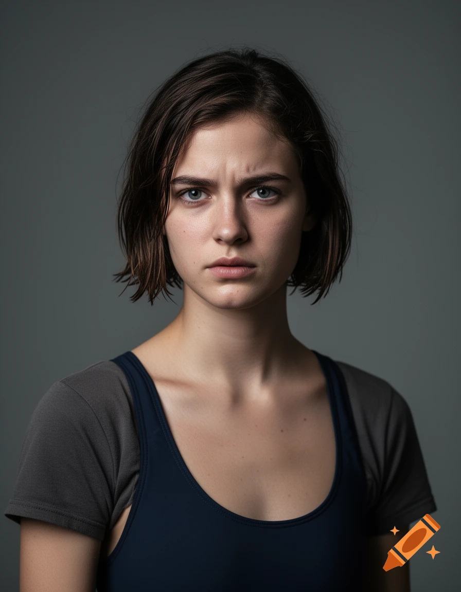 A close-up portrait of a young woman with short brown hair and a serious expression, wearing a dark blue top.