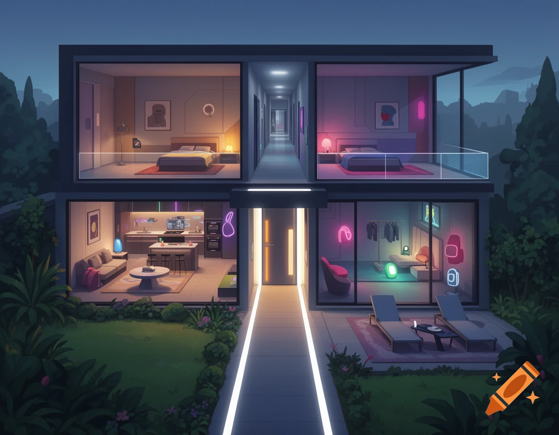 A cross-section view of a modern two-story house with a garden and patio, featuring various rooms, colorful neon lights, and an Among Us inspired aesthetic.