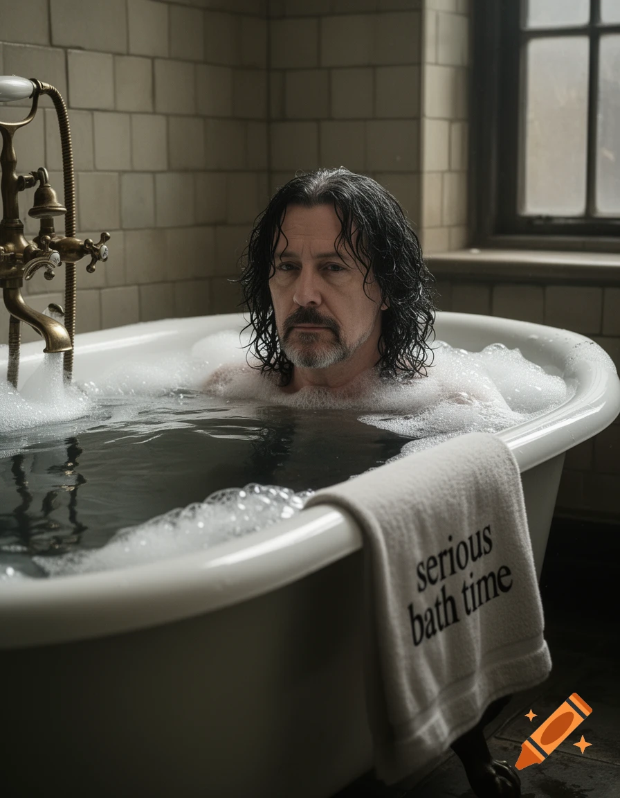 A man resembling Sirius Black sits in a bathtub full of bubbles, a towel nearby reads 'serious bath time'.