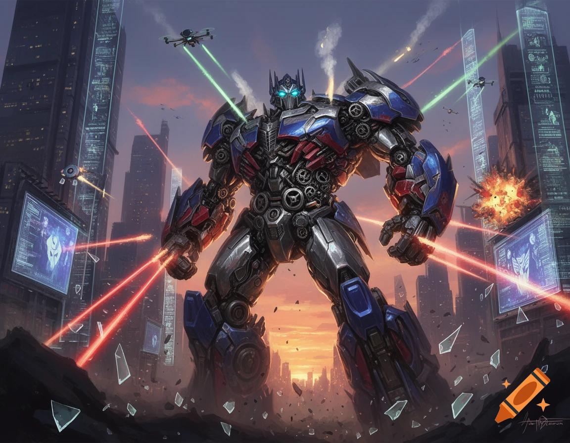 Optimus Prime, a giant red, blue, and silver robot, stands defiantly in a futuristic city, surrounded by laser fire from drones and explosions, against a sunset sky.