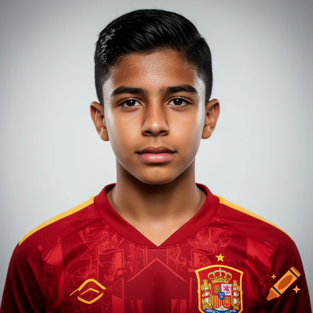 Close-up photorealistic portrait of a young boy wearing a red and yellow Spain football jersey with a garbled crest, looking directly at the camera.