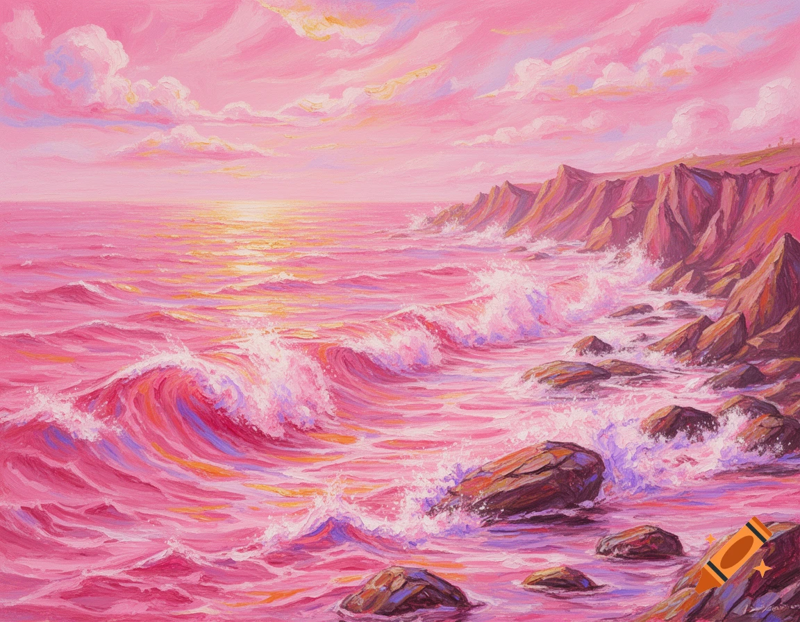 Expressionistic painting of a vibrant pink coastal scene with crashing waves against rocky cliffs under a cloudy sky.