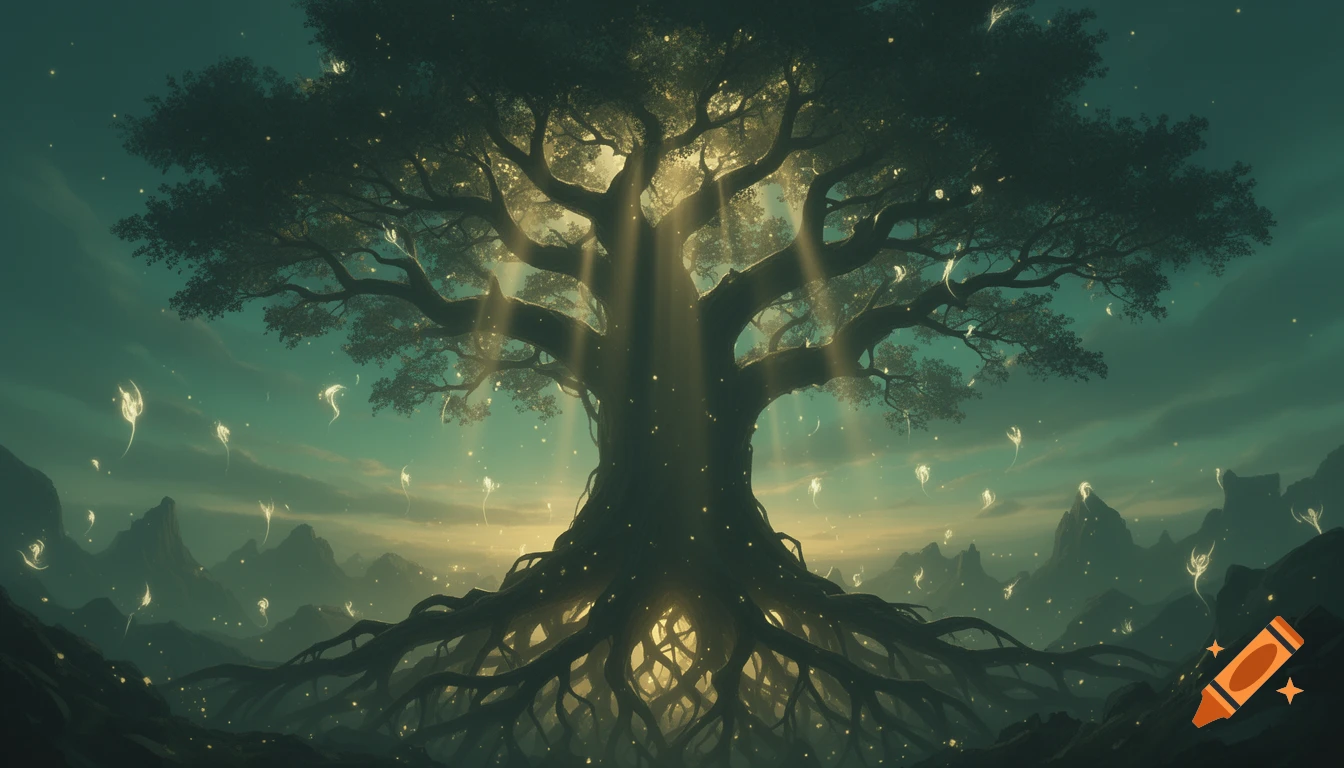 A majestic fantasy world tree, glowing roots, sun rays, and floating spirits, set in a teal and gold mountain landscape.