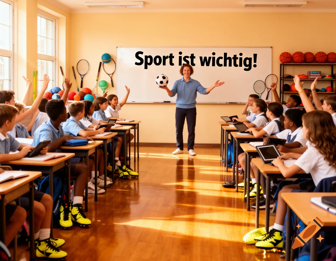A diverse group of students in a bright classroom with a teacher holding a soccer ball in front of a whiteboard that says 'Sport ist wichtig!'