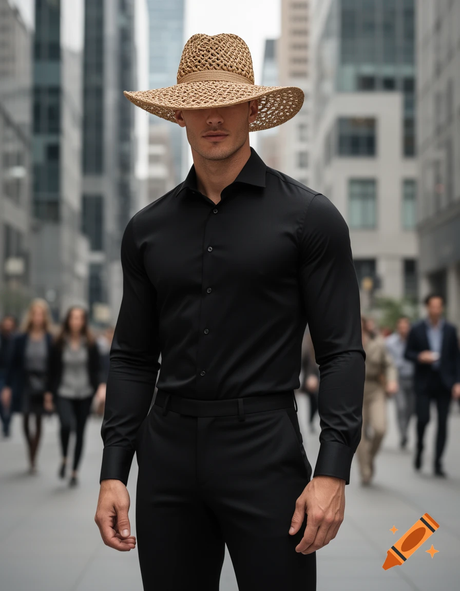 A man in a black dress shirt, black pants, and a wide-brimmed straw hat obscuring his eyes stands on a city street.