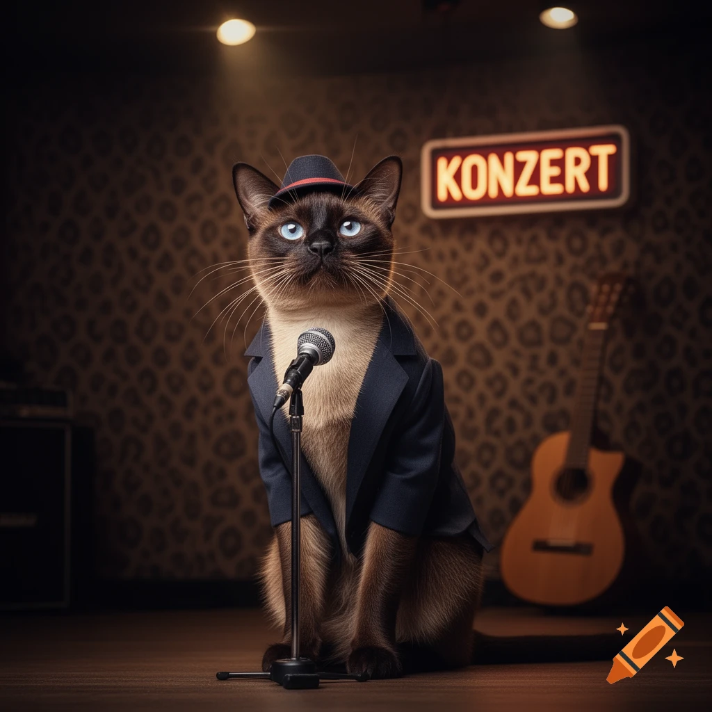 A photorealistic Siamese cat wearing a suit and fedora stands at a microphone on a stage with a neon 'KONZERT' sign.