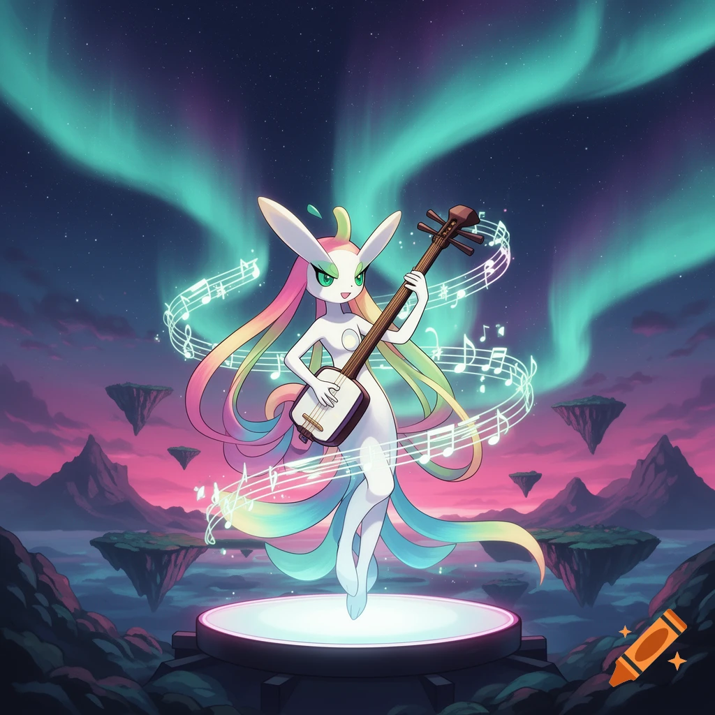 Meloetta, a rabbit-like Pok essence of a mystical being, plays a shamisen on a glowing stage under a vibrant aurora.