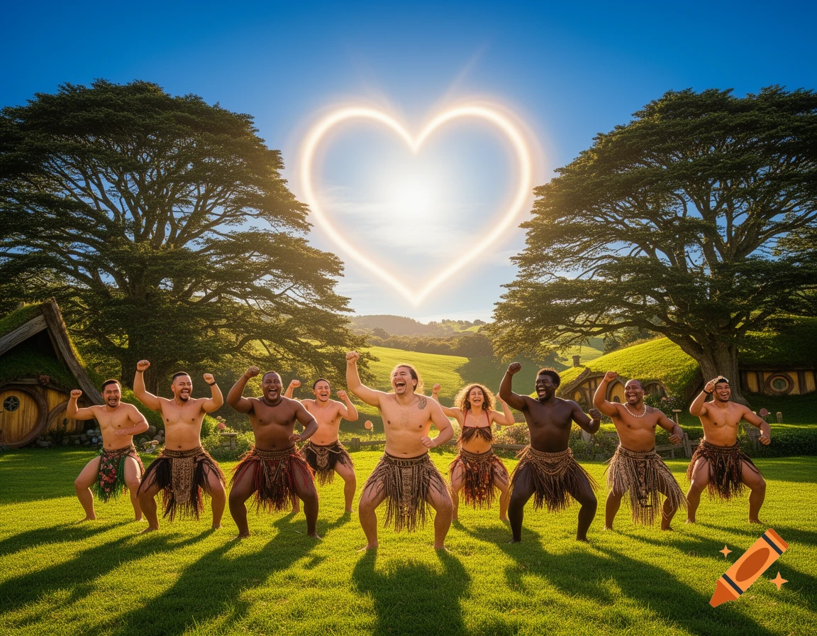 Diverse group performs a haka dance in a green, hilly landscape with Hobbit homes and a glowing heart in the sky, photorealistic.