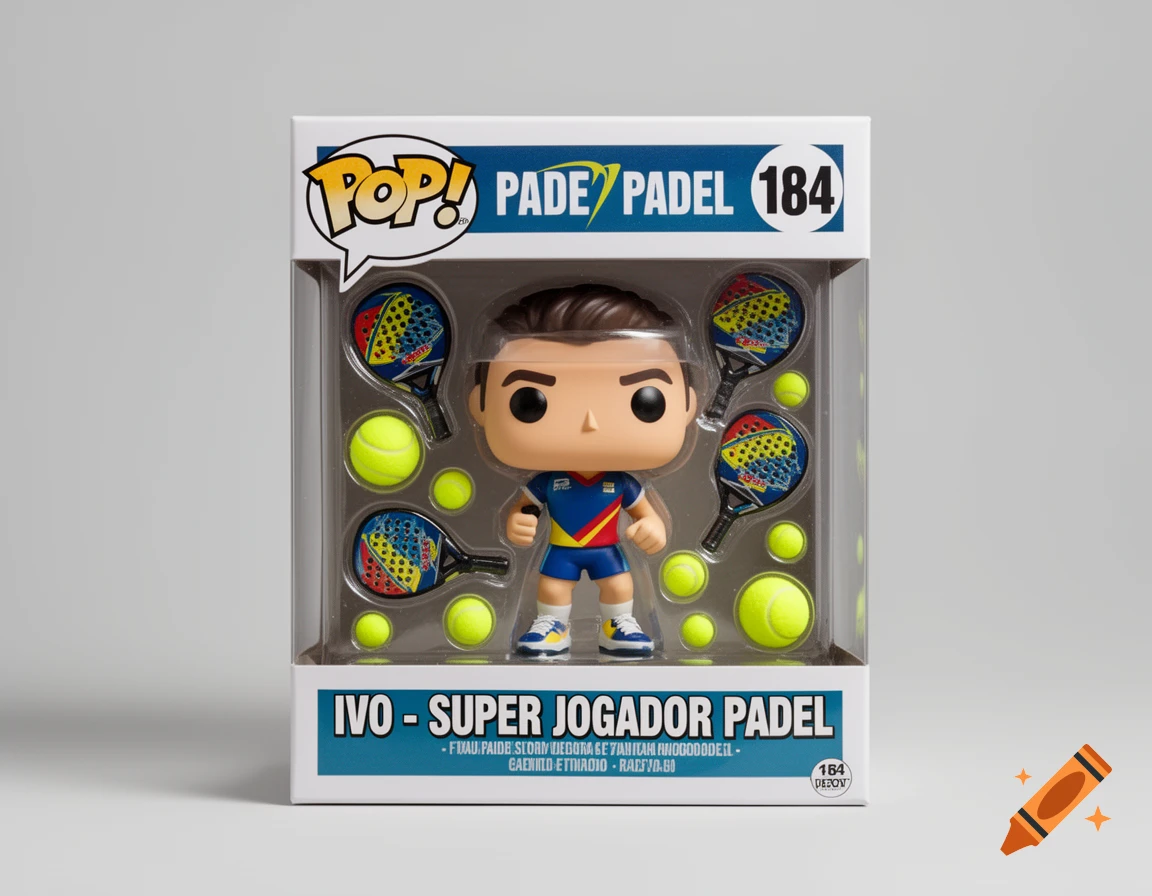 A Funko Pop figure of a male Padel player in a blue and red uniform, holding a yellow paddle, inside a display box with Padel rackets and balls.
