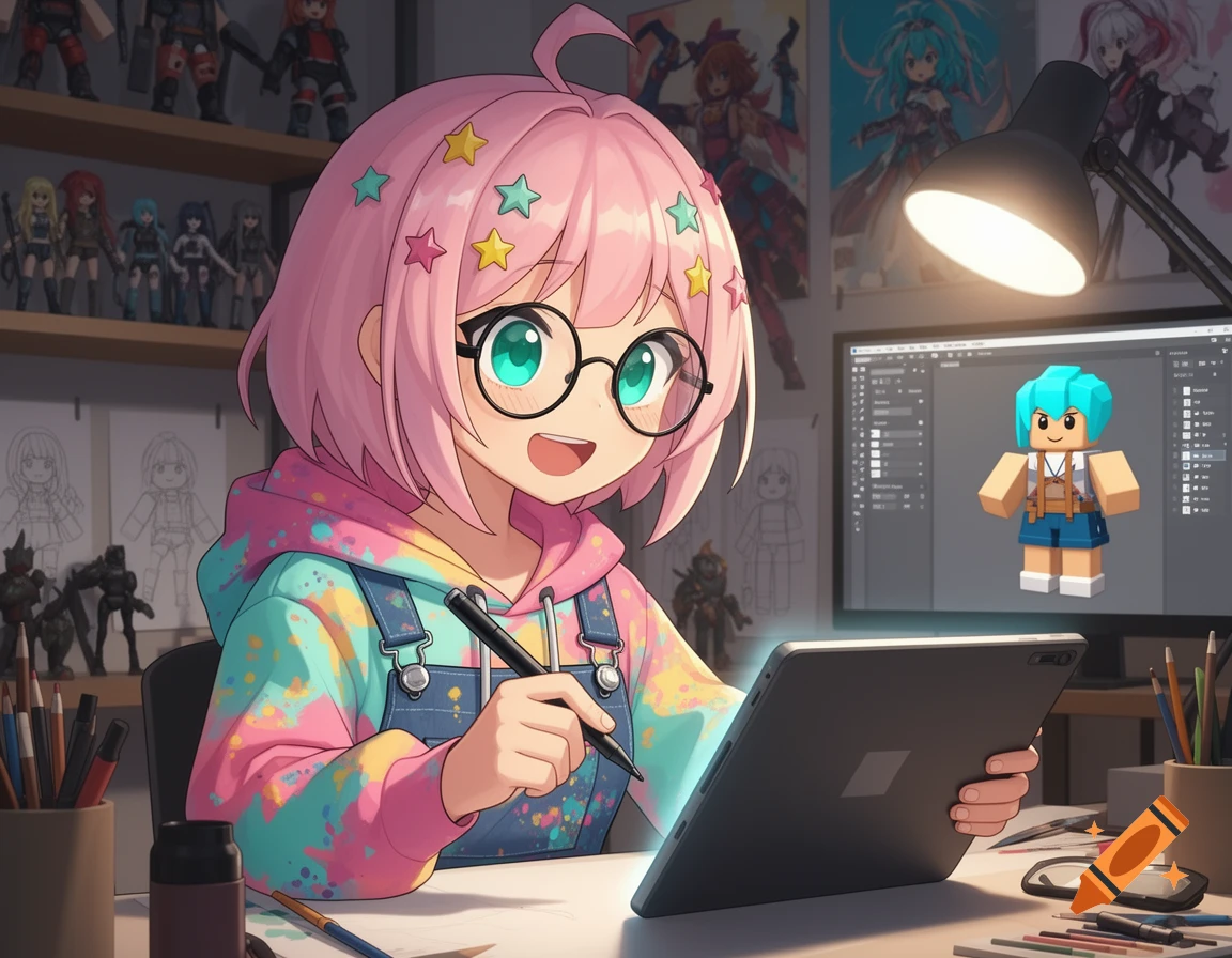 Anime girl with pink hair and glasses drawing a blocky character on a tablet, surrounded by anime figures and posters.