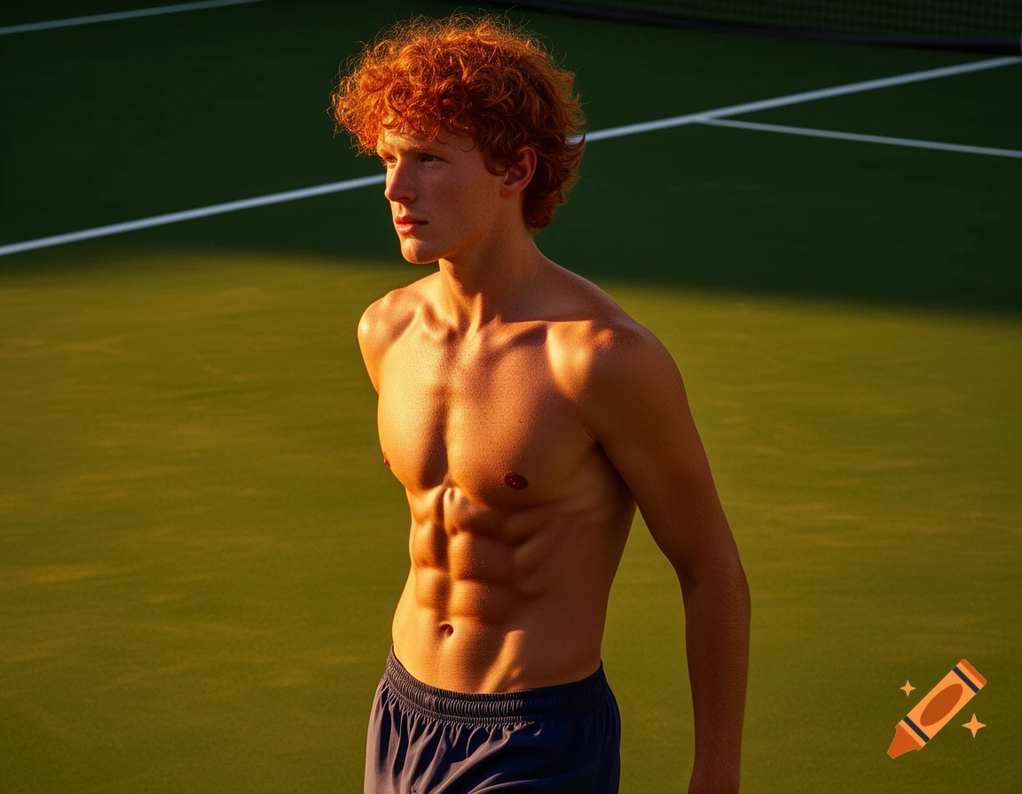 A shirtless man with red curly hair and washboard abs stands on a tennis court bathed in golden hour light.