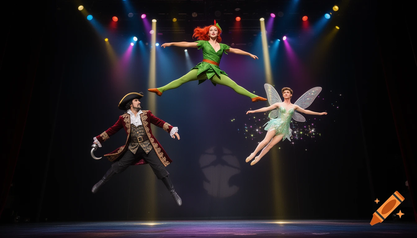 A woman as Peter Pan, a man as Captain Hook, and a man as Tinker Bell leap mid-air on a dark stage with colorful spotlights.