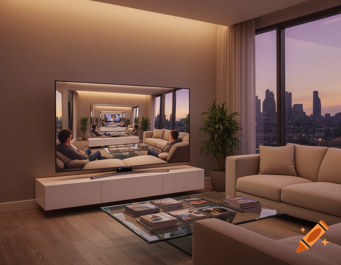 A modern living room with a large TV displaying an infinite reflection of a person watching TV, overlooking a city skyline at sunset.