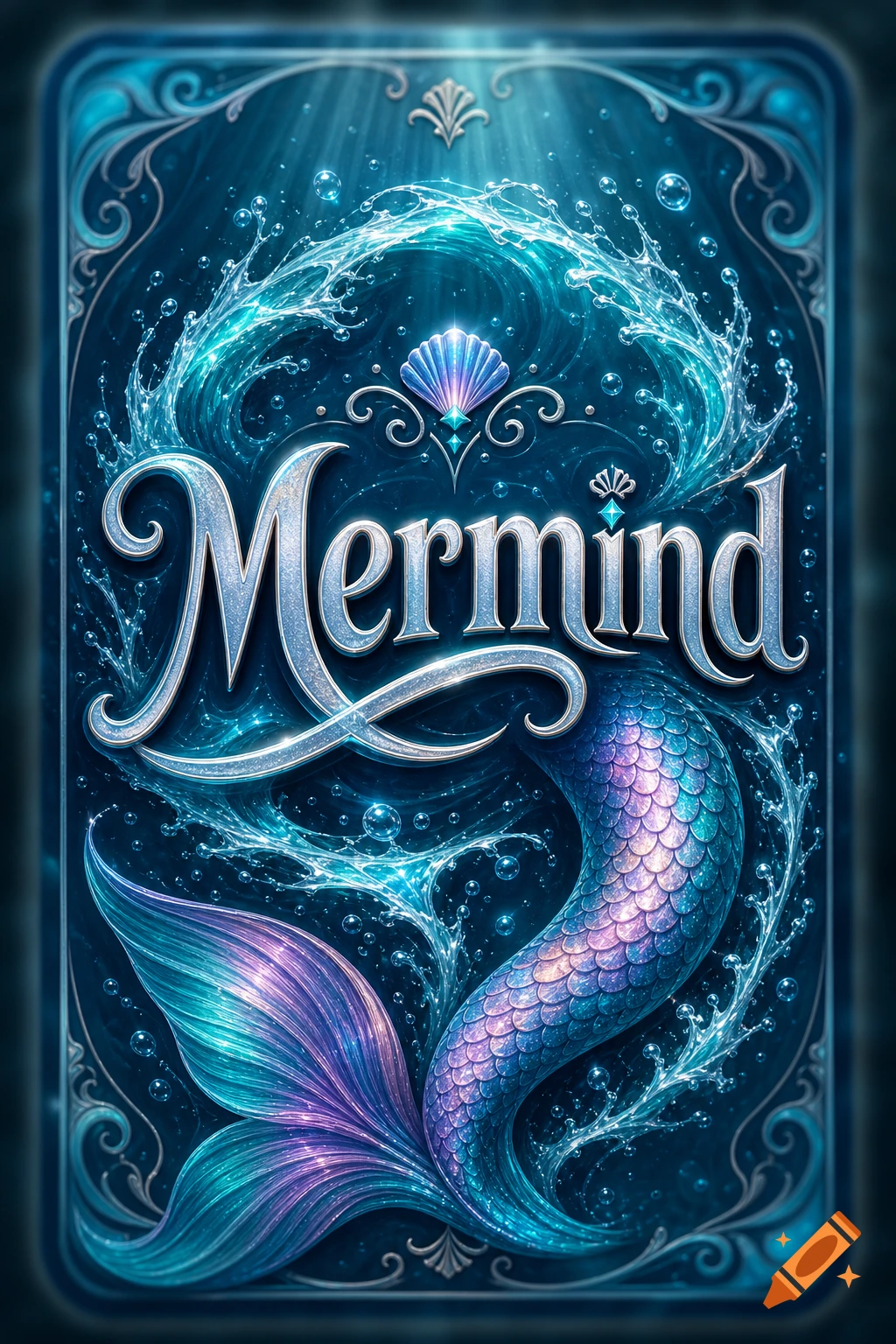 A sparkling blue and purple mermaid tail with the text 'Mermind' surrounded by water splashes and an ornate border, in a fantastical style.