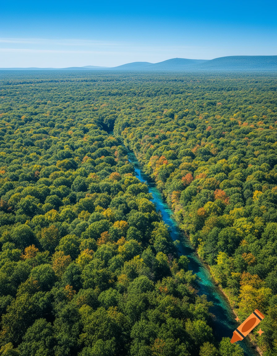 An aerial view of a dense green forest with a winding turquoise river flowing through it, under a clear blue sky.