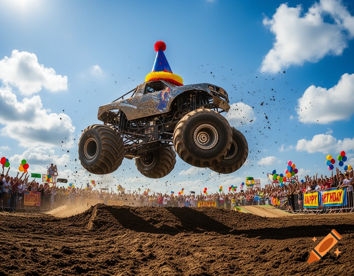 A monster truck wearing a blue party hat with a red pompom is airborne over a muddy ramp, with dirt flying. Crowds with balloons cheer from the sidelines under a bright blue sky.
