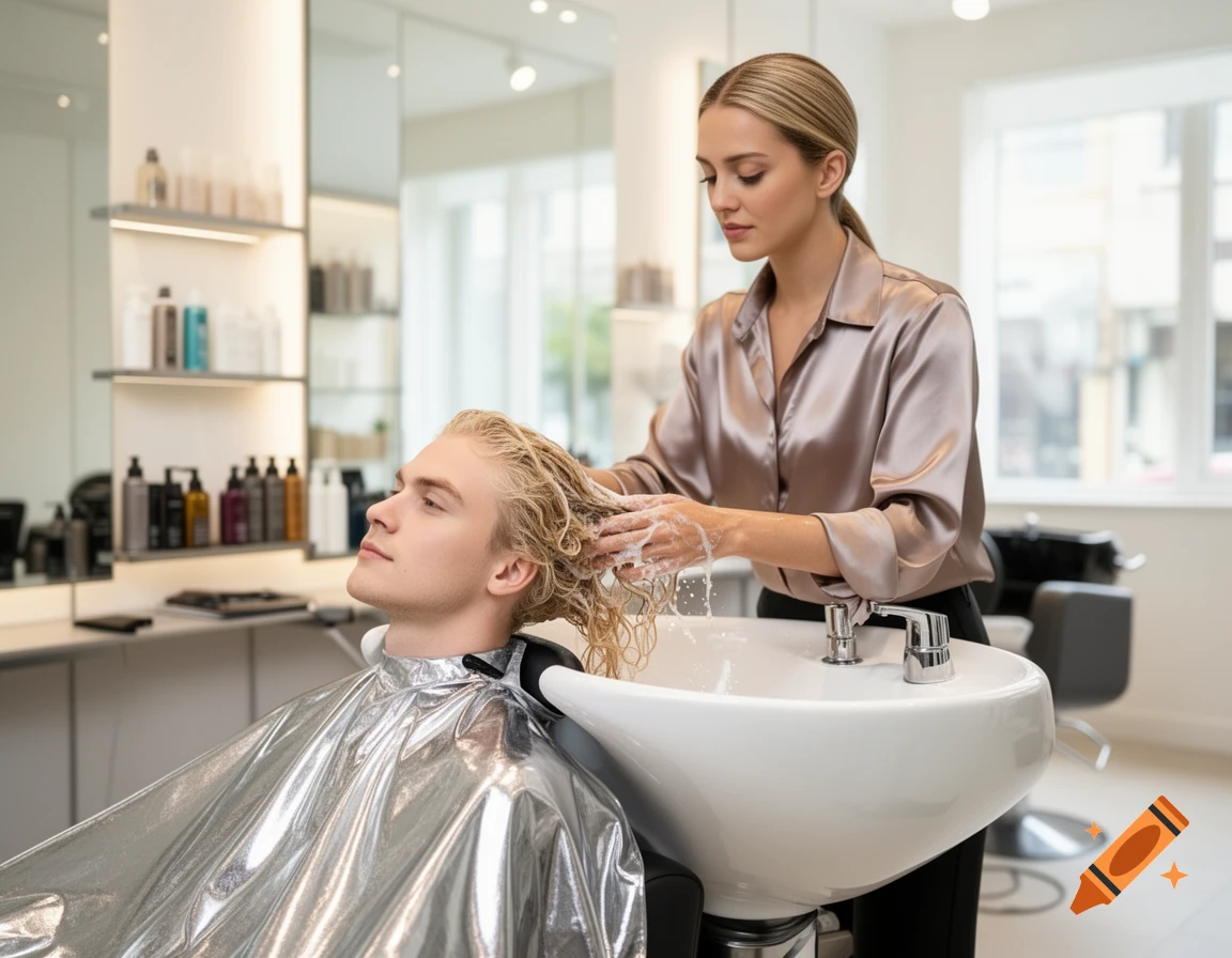 A male customer with wet blonde hair is getting his hair washed by a female hairdresser in a bright salon.