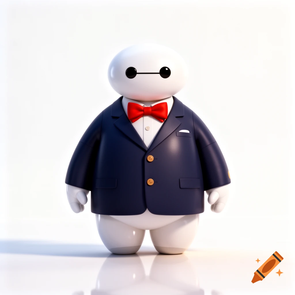 A 3D render of Baymax wearing a dark blue suit jacket, a white shirt, and a red bow tie, standing on a reflective white surface.