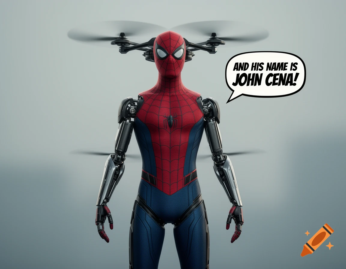 Photorealistic image of a Spider-Man robot with drone propellers, speaking "AND HIS NAME IS JOHN CENA!" in a speech bubble.
