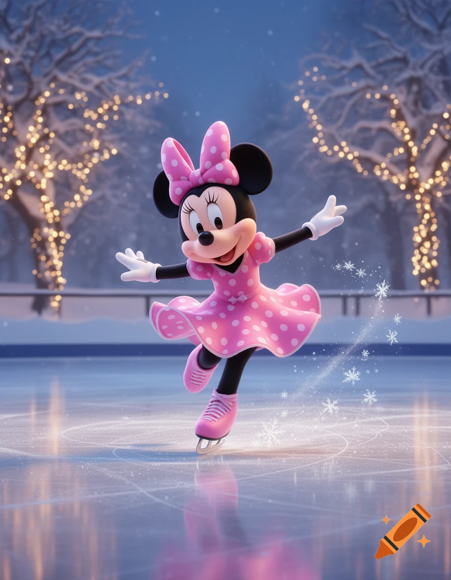 Minnie Mouse in a pink polka dot dress and ice skates, gliding on a shimmering ice rink with snow-covered trees and twinkling lights in the background.