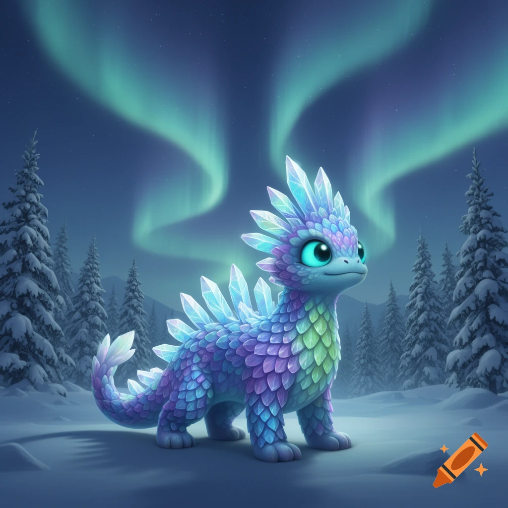 A cute, colorful dragon-like creature with crystal scales and glowing blue eyes stands in a snowy forest under a vibrant aurora borealis.
