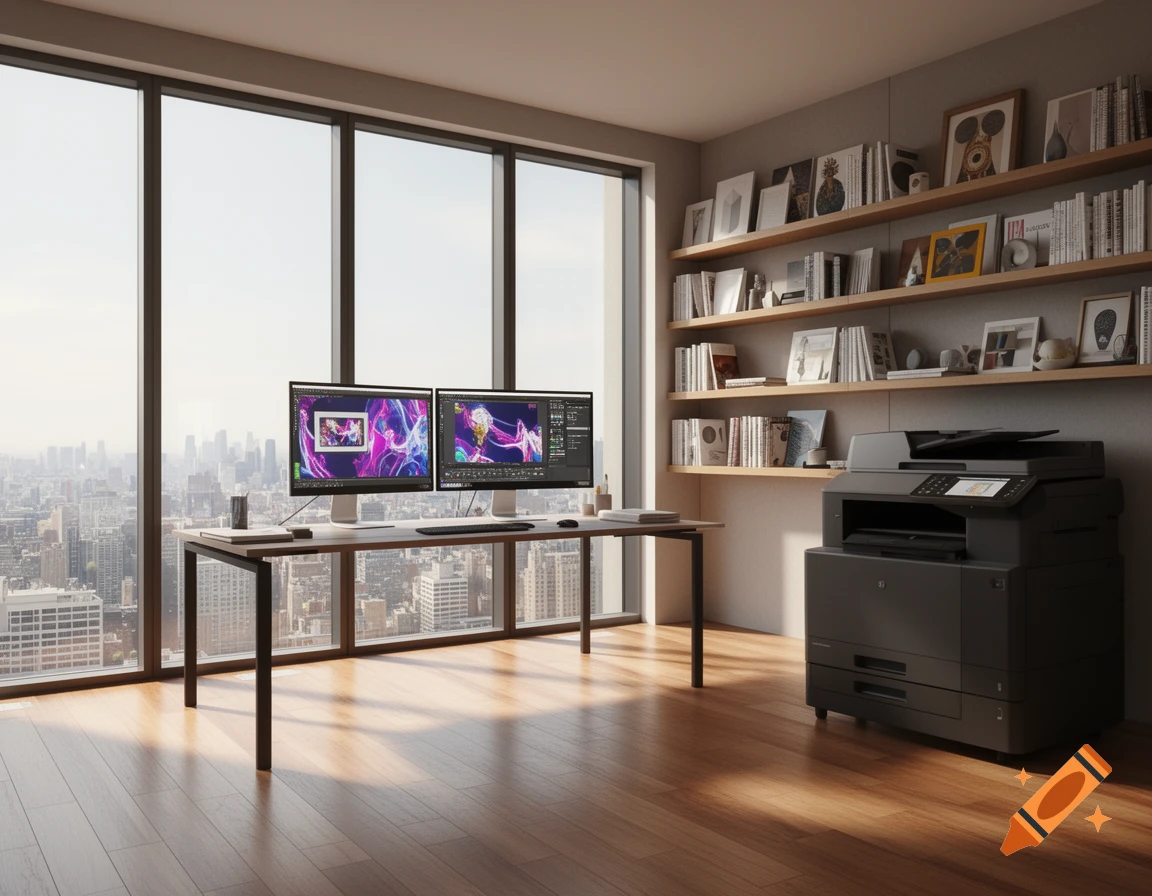 A modern office workspace with dual monitors on a desk, a large window overlooking a city skyline, a printer, and bookshelves.