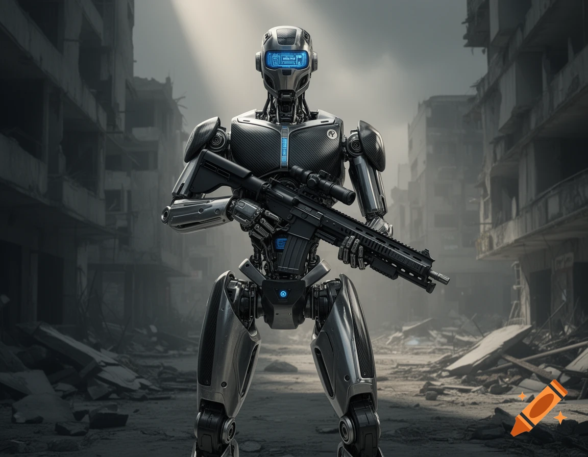 A grey tactical combat robot with blue glowing lights holds an automatic rifle in a destroyed city.