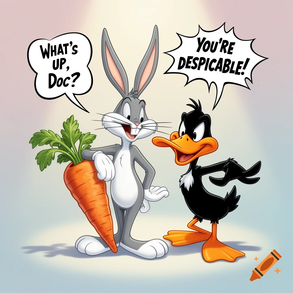 Cartoon Bugs Bunny leaning on a giant carrot with a speech bubble saying "What's up, Doc?" to an angry Daffy Duck with a speech bubble saying "You're despicable!"