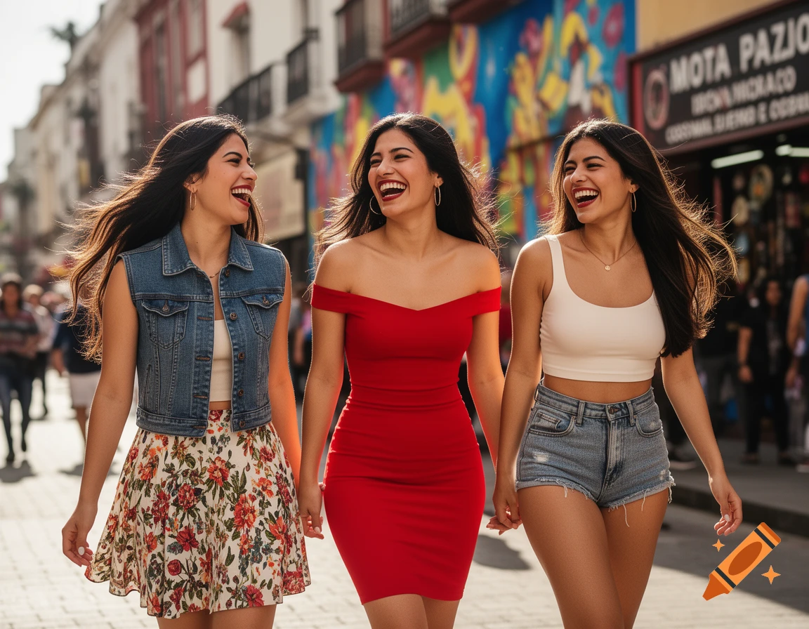 Three smiling young women walk down a sunny street, one in a floral skirt, one in a red dress, and one in denim shorts.