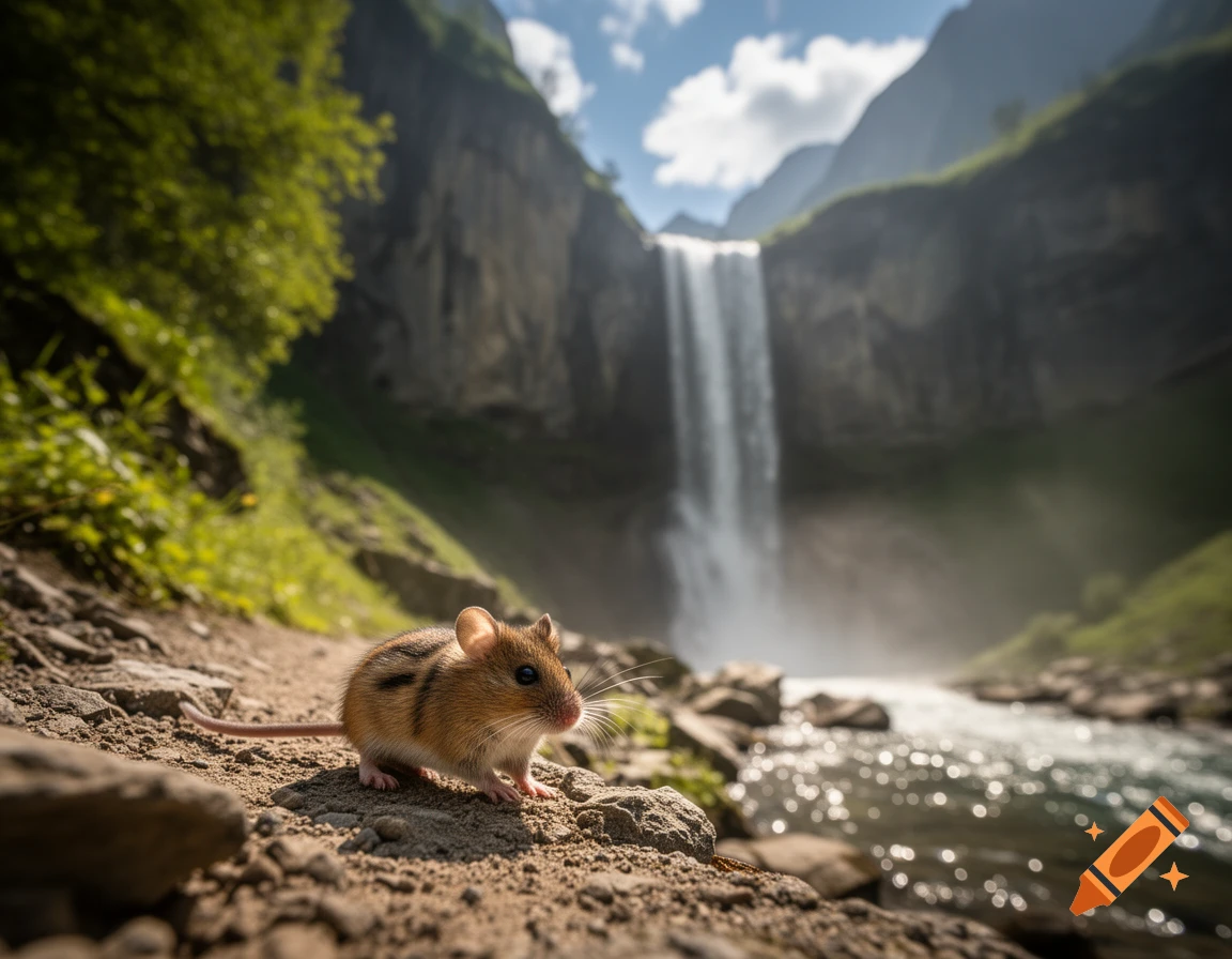 A small, striped mouse stands on rocky ground near a river, with a large waterfall and mountains in the background under a bright sky. Photorealistic.