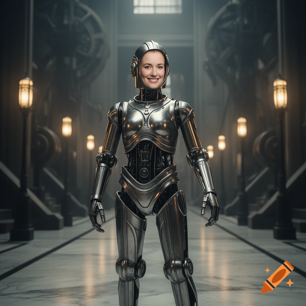 A photorealistic image of a female-faced robot in a metallic suit standing in a futuristic hall.